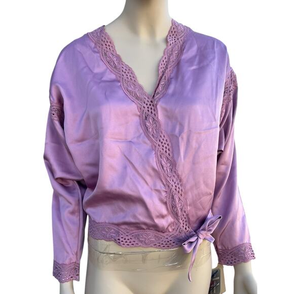 Lily of France Vintage 70s Dusty rose Size SMALL Satin & Lace Wrap Blouse NWT - Picture 1 of 12